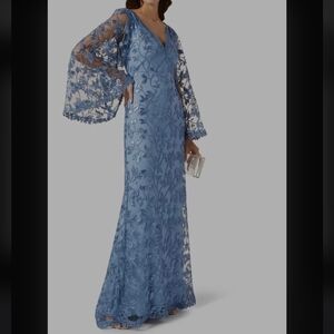 Tadashi Shoji Blue Long Bell Sleeve Lace Dress Maxi Mother of The Bride Modest